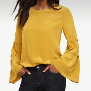 Ann Taylor Petite Golden Chartreuse Bell Sleeve Silk Blouse
